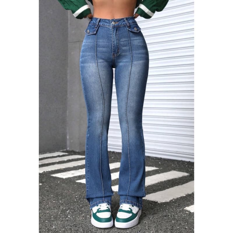 Cross-Border Flap Women's Flared Jeans, Versatile Denim Pants, Simple Casual Fashion Washed Flared Jeans