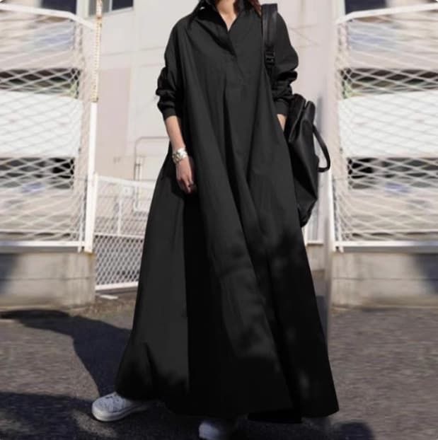 Oversized Japanese-style Cotton Linen Shirt Dress for Spring/Summer, Polo Collar, Long Sleeve, Floor-length, Full Skirt