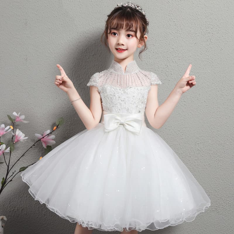 Children's White Princess Dress for Girls, Flower Girl Tutu Dress, Hosting, Catwalk, Piano Performance Outfit