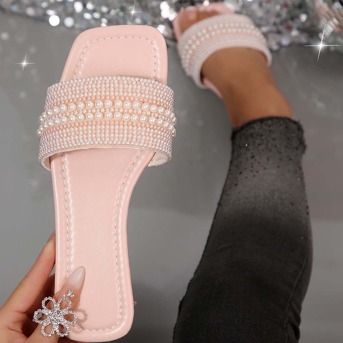 Cross-Border Trade Women's Shoes European and American Large Size 2026 Summer Rhinestone Square Toe Flat Pearl One-Strap Sandals Slippers for Women