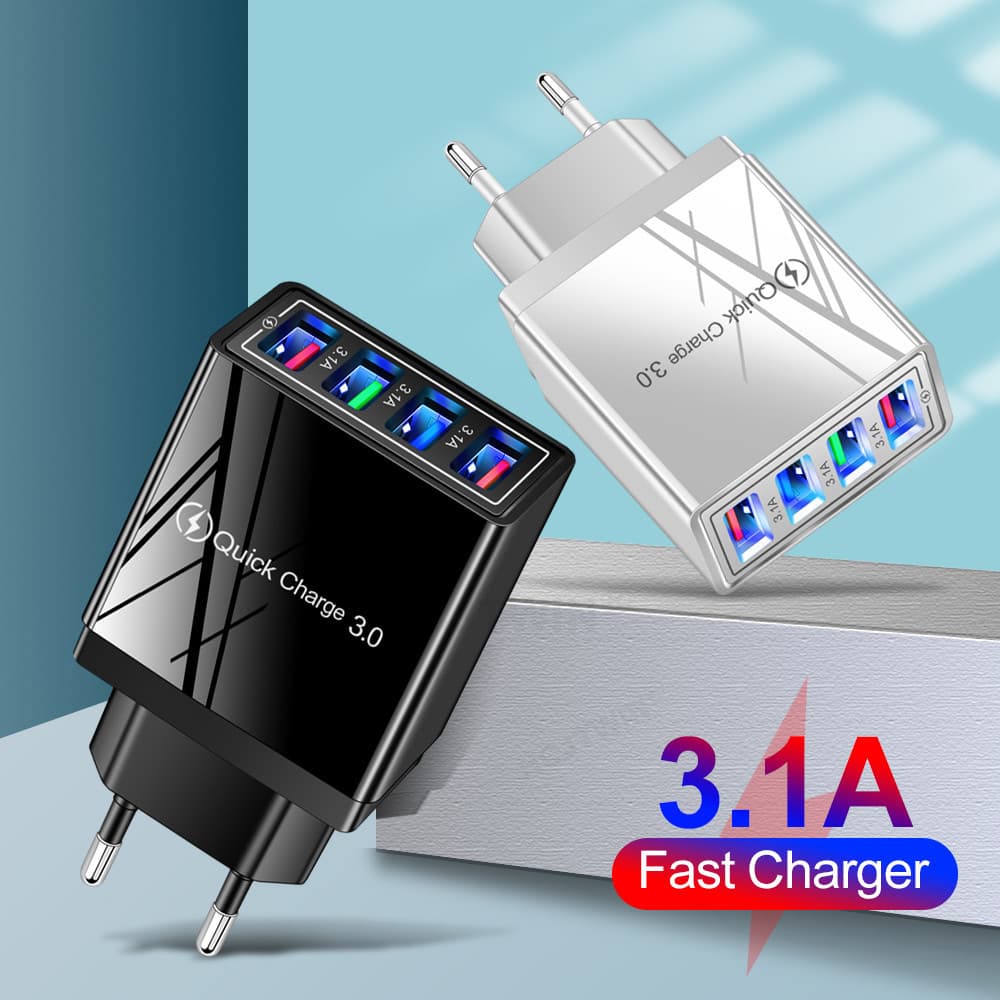 LED 4 USB Multi-Port Charger 4-Port Phone Charger Travel Phone Charger 5V 3A Wall Charger