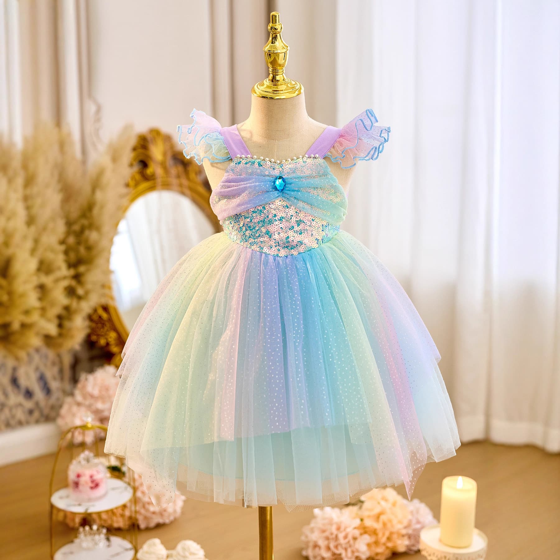 Mermaid dress girls sequin strap dress Children's Day tulle ballerina princess dress,