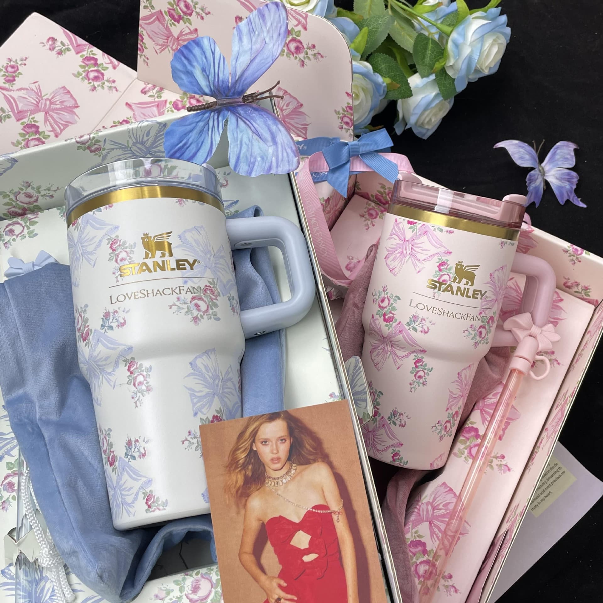 Stanley Blossom Series Thermos Cup Stanley 20Oz Butterfly Pink Car Cup 304 Stainless Steel Internet Celebrity Thermos