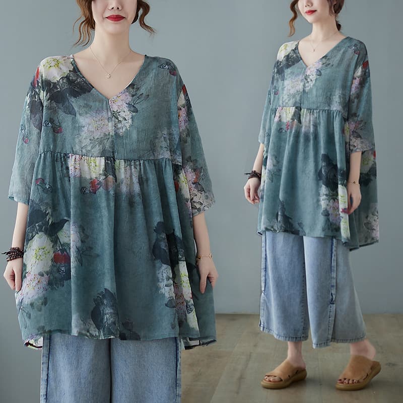 Real shot 2022 new retro flower large size V-neck doll shirt fat mm short-sleeved T-shirt top