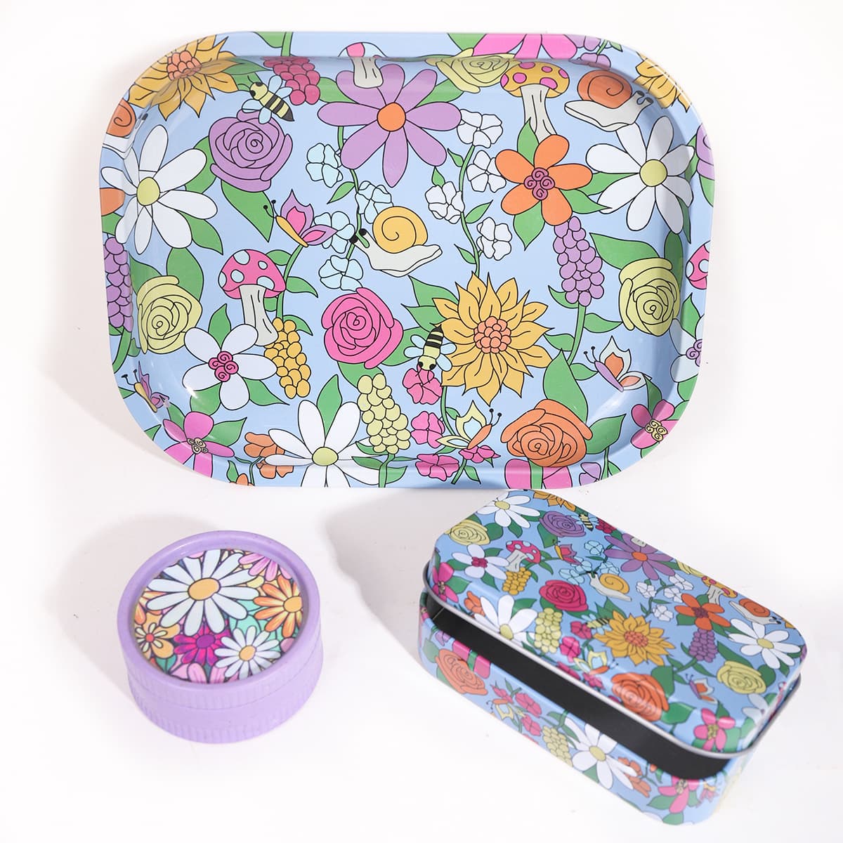 3-piece smoking set, including 18*14mm cigarette tray, biodegradable 55mm grinder, and tin box.