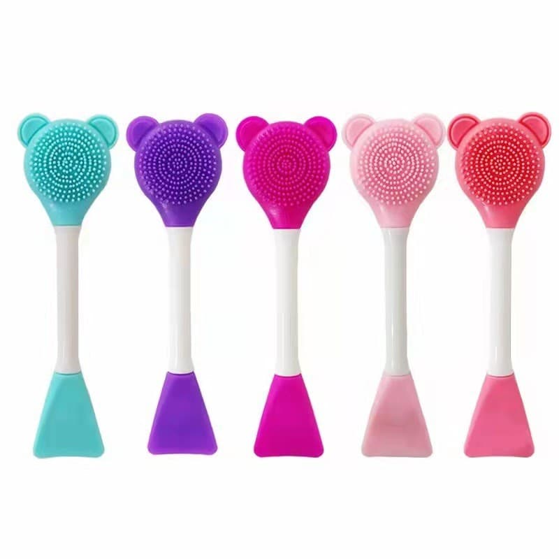 Long Handle Soft Silicone Face Mask Brush, Dual-Head Beauty Clay Mask Brush Bear-Shaped Makeup Brush DIY Mask Mixing Stick In Stock