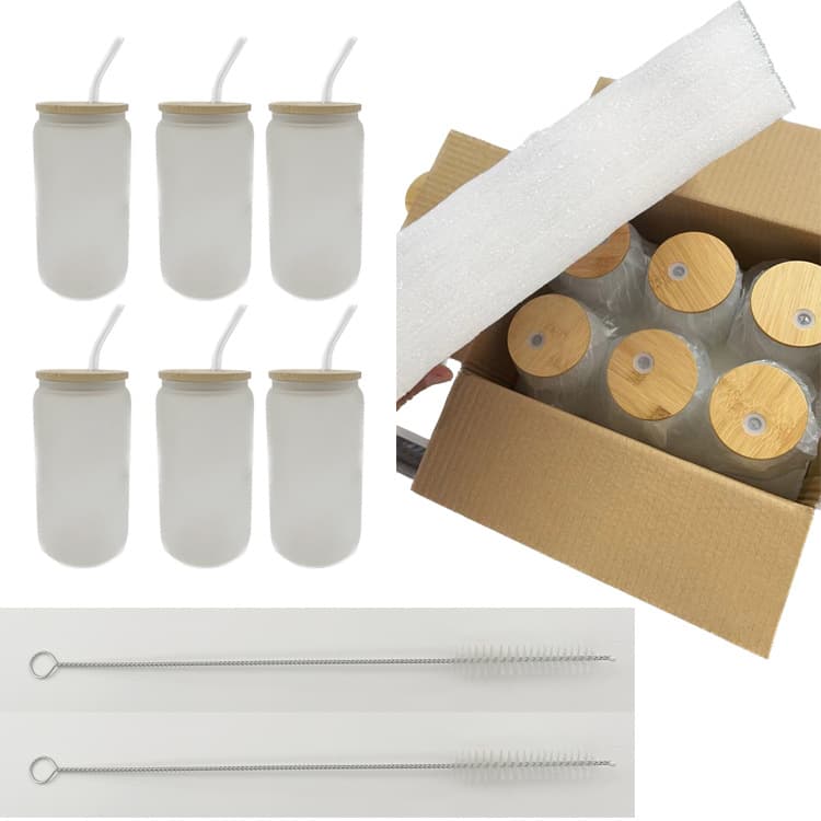 Cross-border Heat Sublimation Glass 16oz Mason Jar 20oz Cola Cup with Bamboo Wood Lid and Straws 4/6 Piece Set