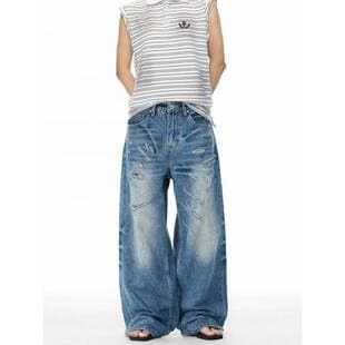 Cross-Border American Vintage Washed Ripped Baggy Jeans Men Street Style Cool Straight Loose Versatile Long Pants Ins