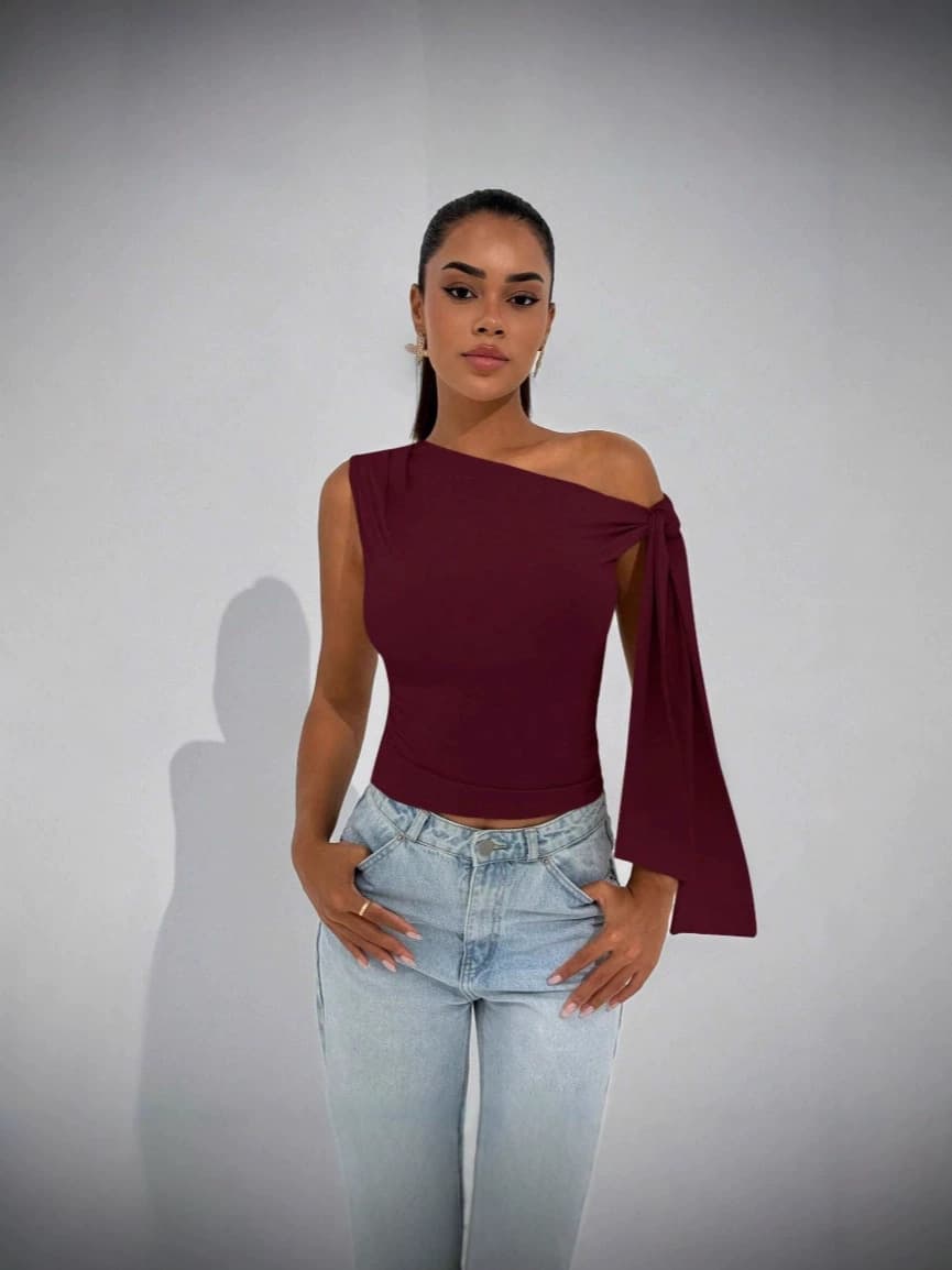 2025 Summer New Arrival European and American Fashion Street Style Slim Fit Ribbon Tie Knot Diagonal Collar Solid Color Sleeveless Top for Women