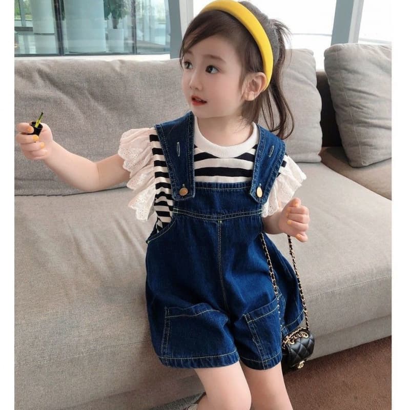 Girls Summer 2025 New Korean Style Set Fashionable Denim Overalls Baby Girl Loose Trendy Short-Sleeve Top