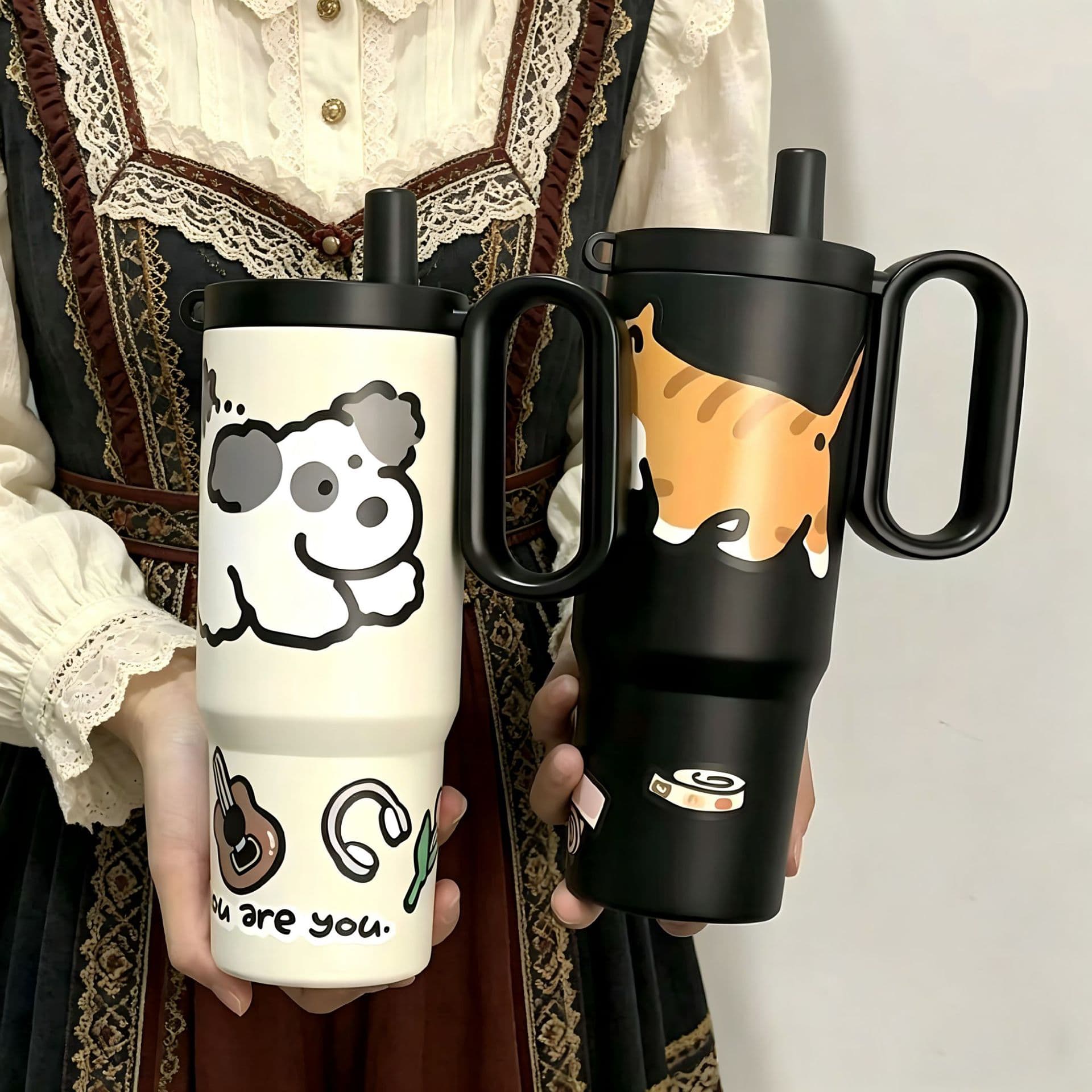Big Mac Ice Cup 316 stainless steel large capacity straw cup thermos cup with handle cartoon car water cup