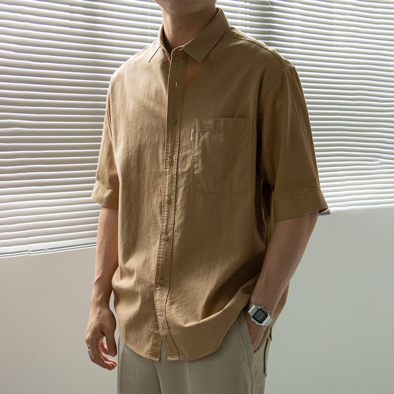 Nengmeng Cotton Casual Shirt for Men, Short Sleeve with Pocket, Japanese Style Solid Color, 2355 Korean Trend