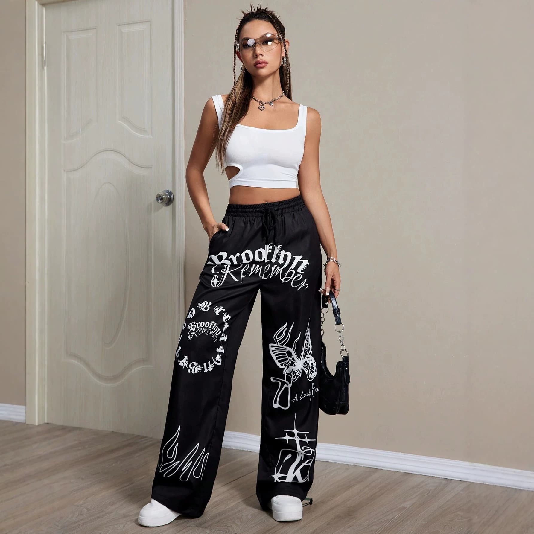 Cross-border Black Graffiti Wide-leg Pants for Women Summer High-waist Loose Straight Long Pants European and American Street Style Casual Pants