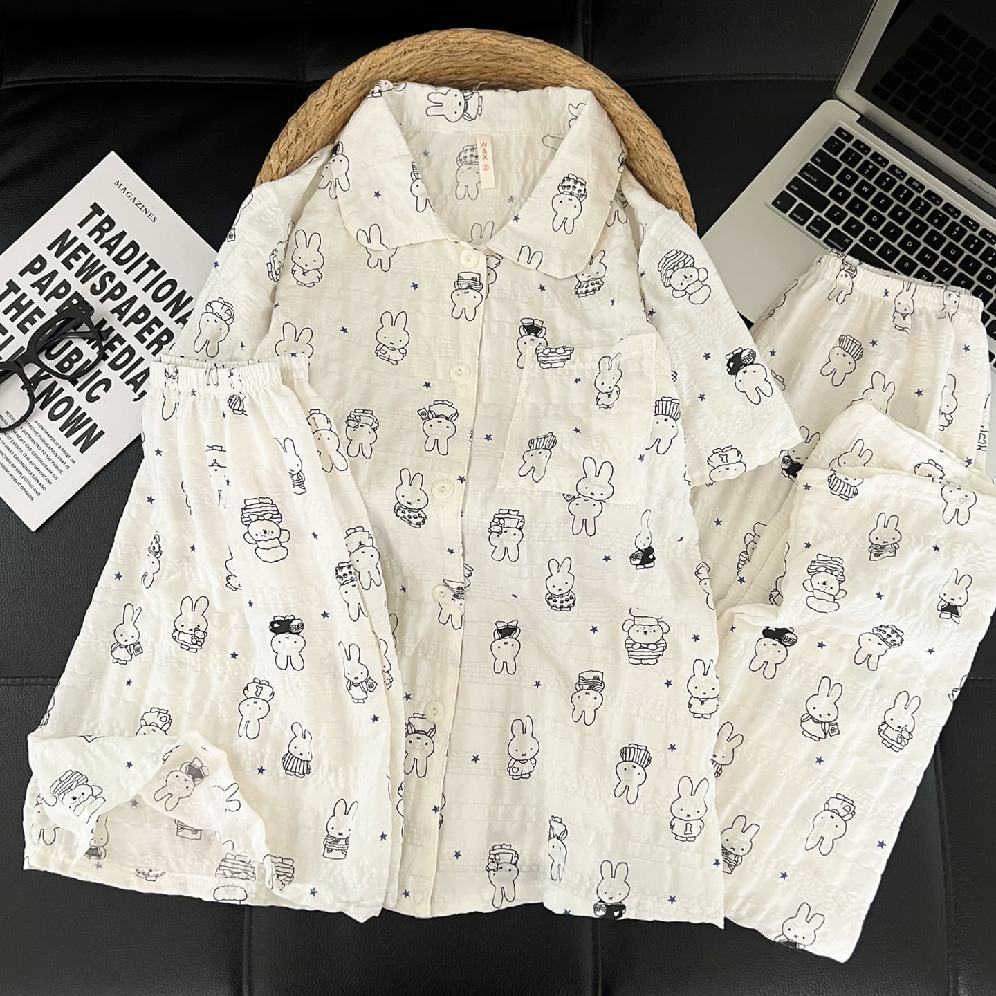 Cartoon Miffy Rabbit Pure Cotton Gauze Pajamas Women's 2026 New Summer Short Sleeve Three-Piece Set Wear-Out Loungewear