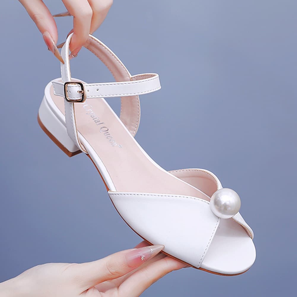 2cm Square Heel Peep Toe Sandals, Shallow Mouth Mule Heel Buckle Sandals, Ivory White Beaded Bride Wedding Sandals