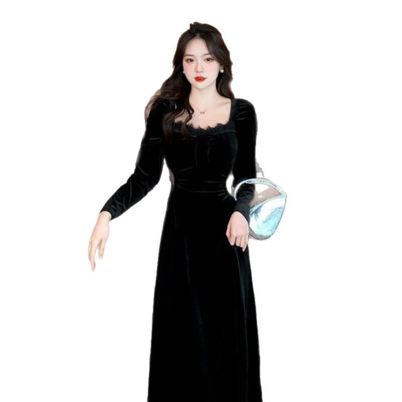 French Elegance Women's Dress High-End Luxury Vintage Black Velvet Dress Autumn Winter New Arrival