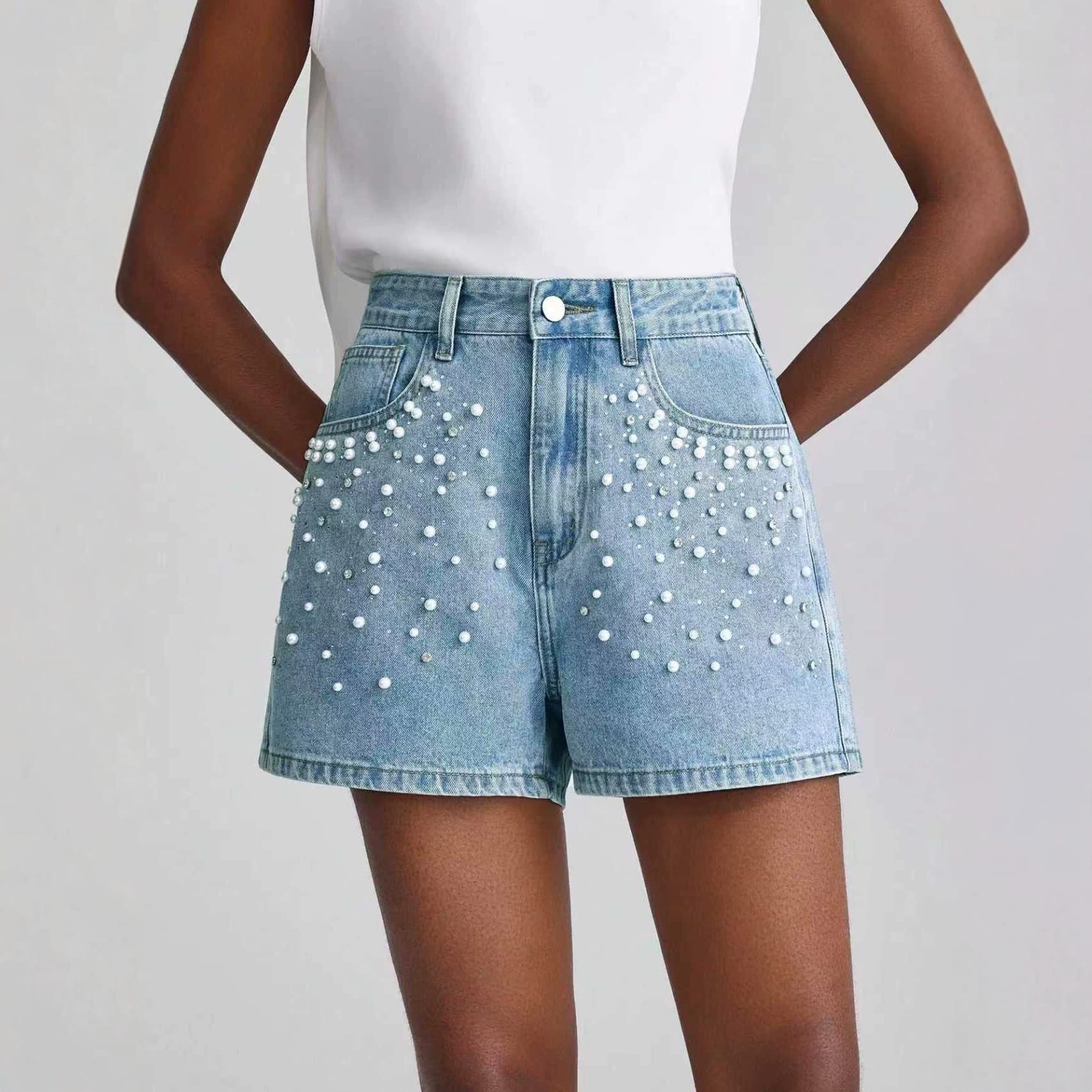 Cross-border Hot-Selling Rhinestone Denim Shorts European and American Fashion Heavy Beaded Short Jeans Denim Shorts