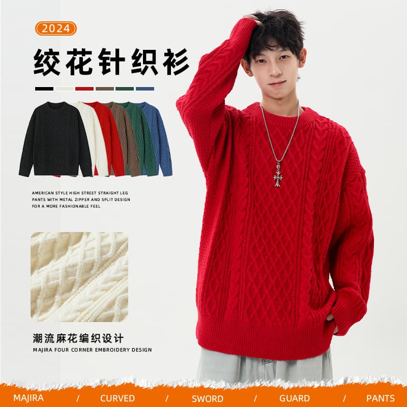 Jianheng New Men's New Year Sweater Autumn Winter Couple Trendy Casual Cable Knit Loose Long Sleeve
