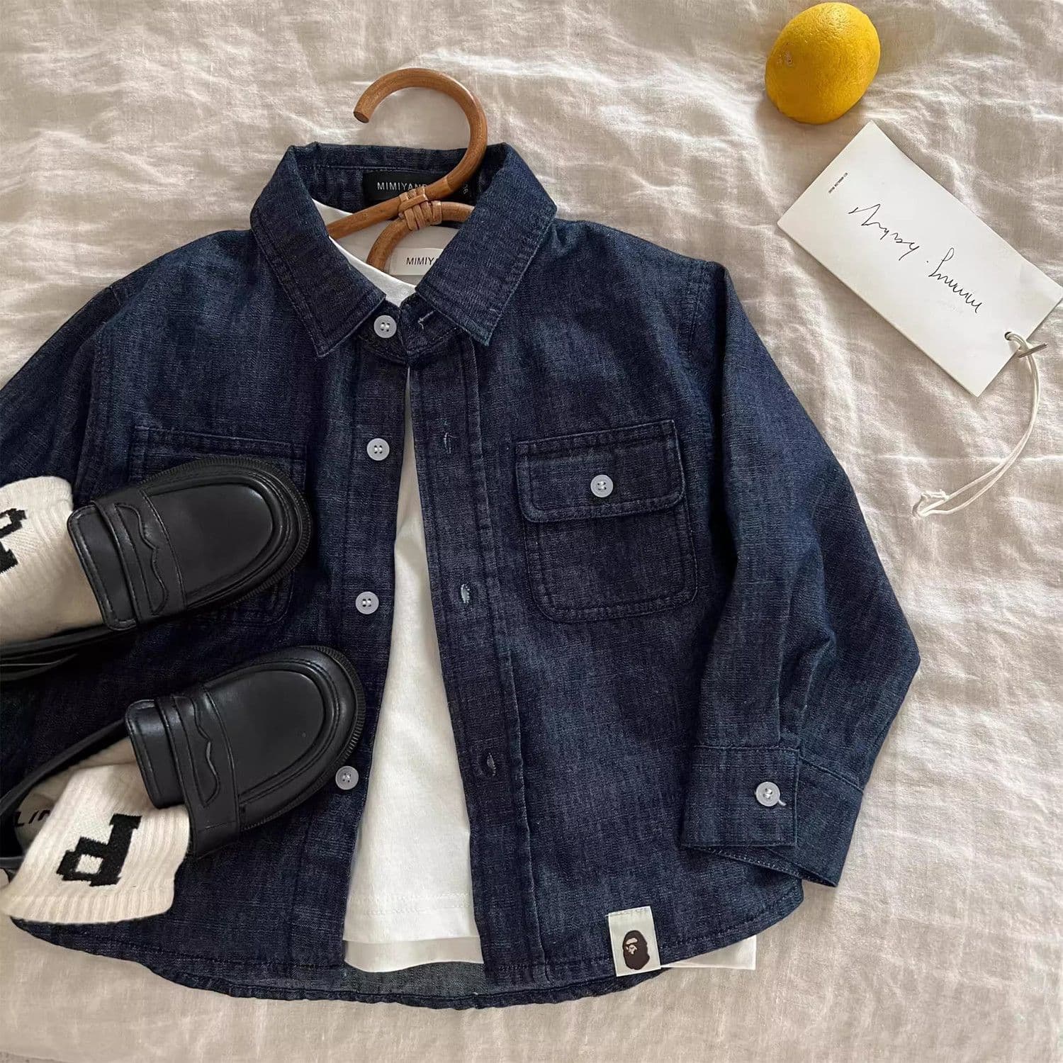 Children Denim Shirt 2025 Spring New Unisex Japanese Trendy Brand Turn-Down Collar Shirt Baby Toddler Long-Sleeve Top
