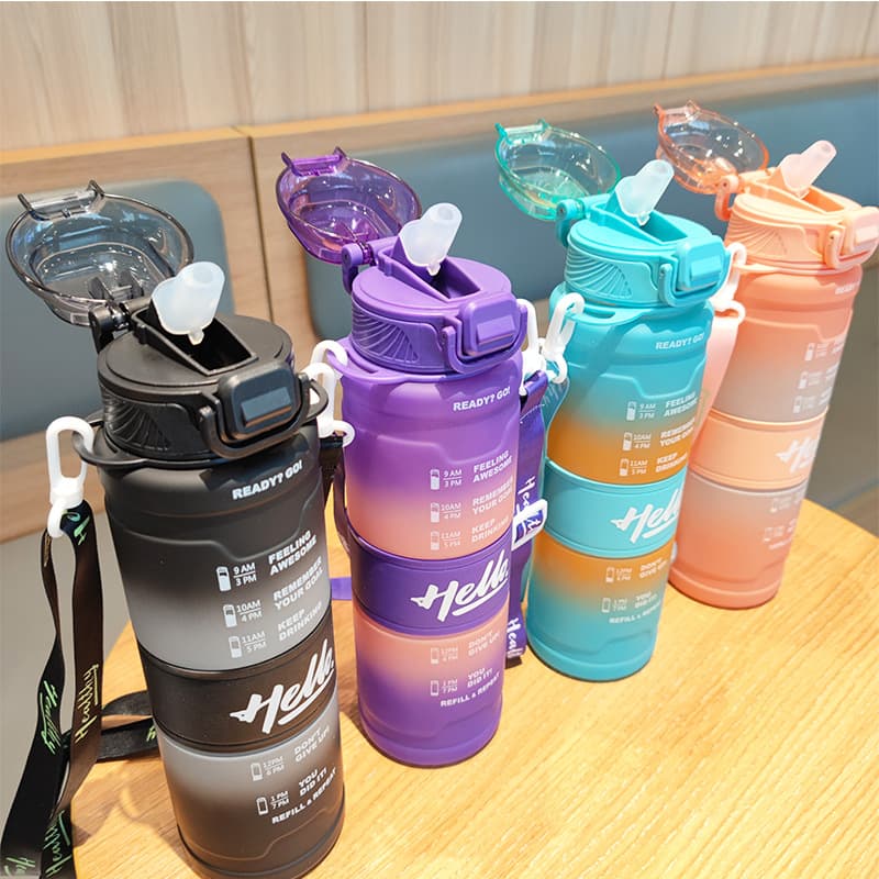 Wholesale Cross-Border New Gradient Space Cup with Straw, Portable Strap Plastic Water Bottle for Outdoor Fitness and Sports