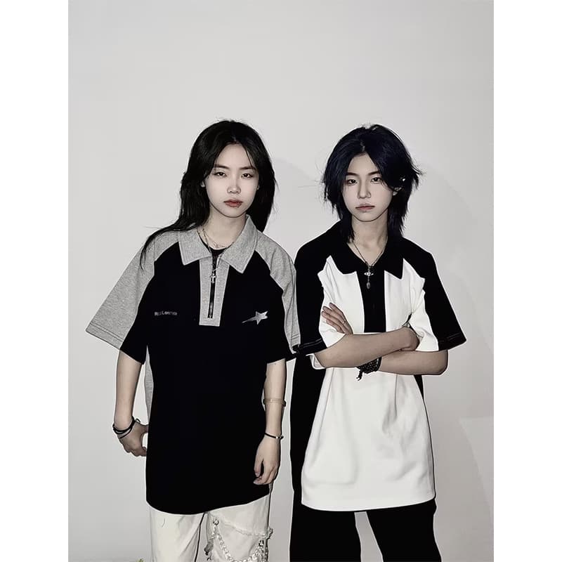American-style collared short-sleeved retro high-street loose-fitting couple's summer patchwork T-shirt Polo shirt short-sleeved trendy brand