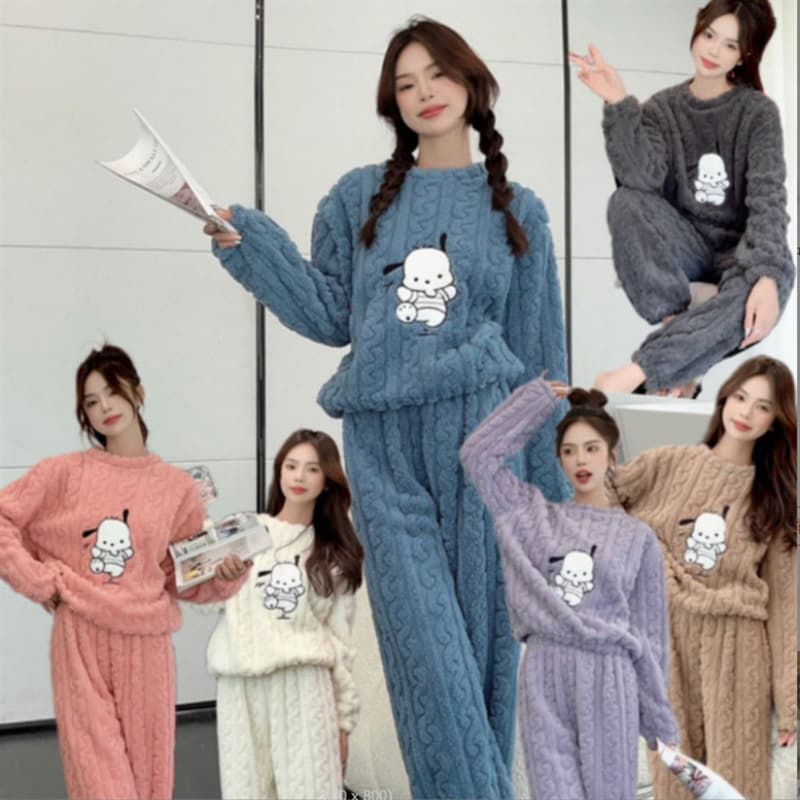 Autumn and winter Hapa dog solid color jacquard comfort velvet warm suit pajamas home clothes women's warm thickened two-piece set