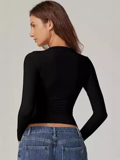 Cross-border European and American women's fashion round neck solid color pullover long sleeve t-shirt milk silk base layer top with premium fitted style