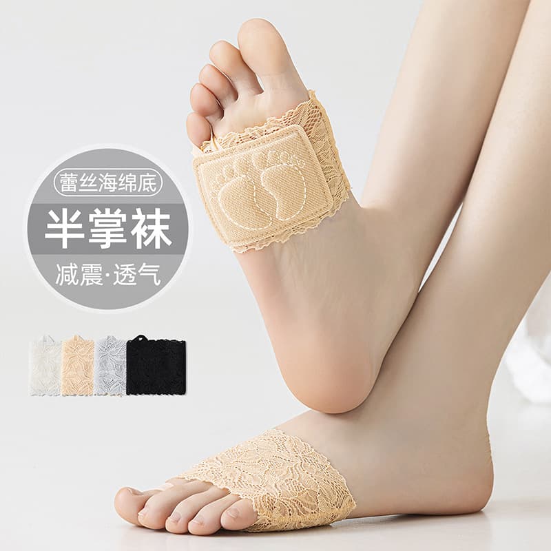 Women's summer half sole invisible socks, ultra-thin lace with cotton padding, anti-slip toe-separated half socks for high heels.
