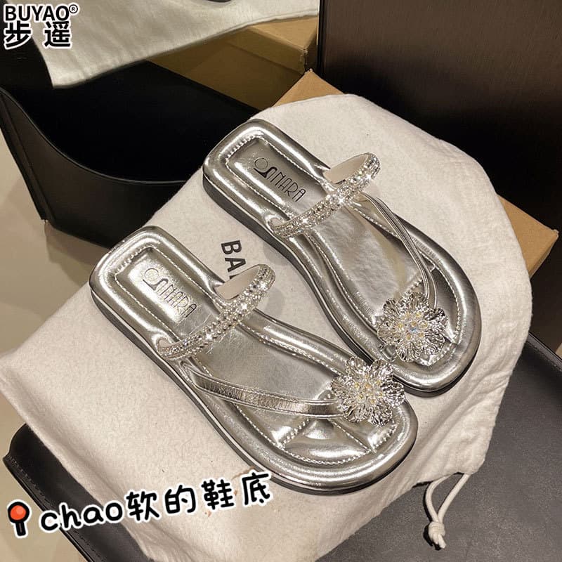 Fashion Rhinestone Toe-Loop Sandals for Women, Summer Outdoor Wear, Ultra-Soft Flat Sole, Comfortable for Vacation, Pairs with Dresses, Toe-Post Slide Sandals
