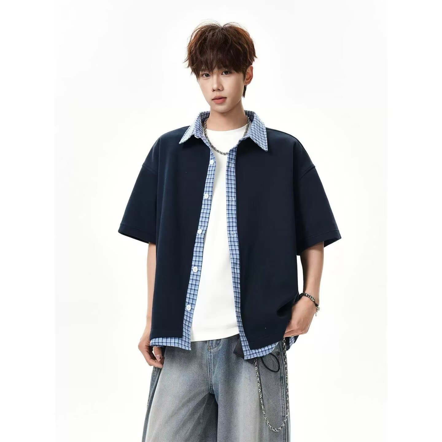 2026 Summer Retro Niche Two-In-One High-Quality Plaid Turn-Down Collar Polo Shirt for Men, Loose Fit Commuter Top Shirt