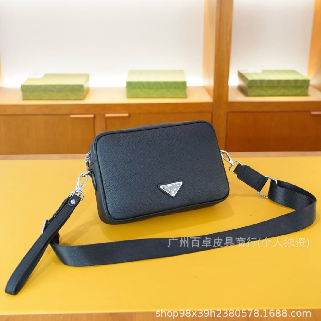 P Brand Triangle Logo Men's Crossbody Bag, Top-Layer Cowhide Genuine Leather, Fashionable and Simple, Men's Bag for Foreign Trade Cross-Border