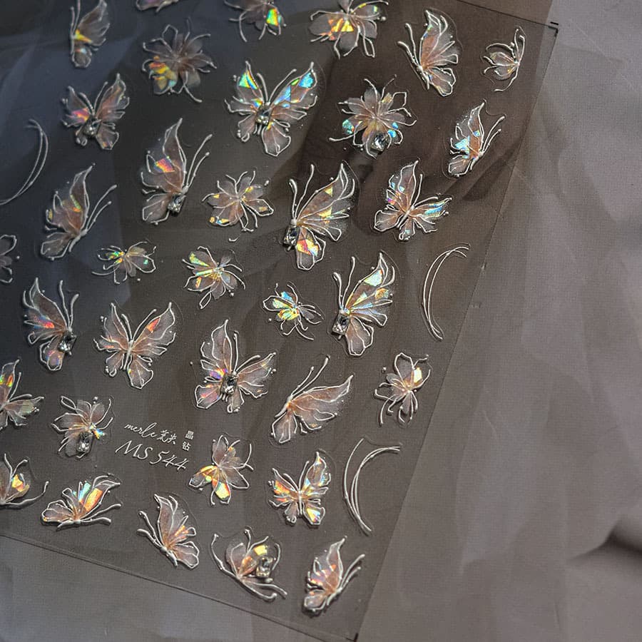 Japanese Aurora Pure Desire Girl Butterfly Embroidery Holographic Nail Decals Wholesale Wearable Nails Wholesale