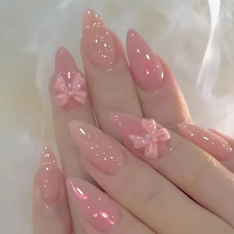 Wearable Nails Pink Bow Fresh Cute Gradient Style Fairy Style Cross-Border Hot Sale Manicure Fake Nail Tips