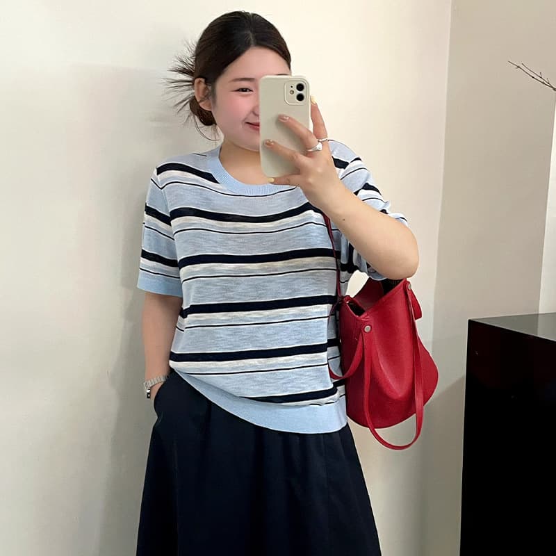 Plus Size Women's Round Neck Contrast Stripe Top 2026 Summer Style Slimming Loose Knit Short Sleeve T-Shirt 23792