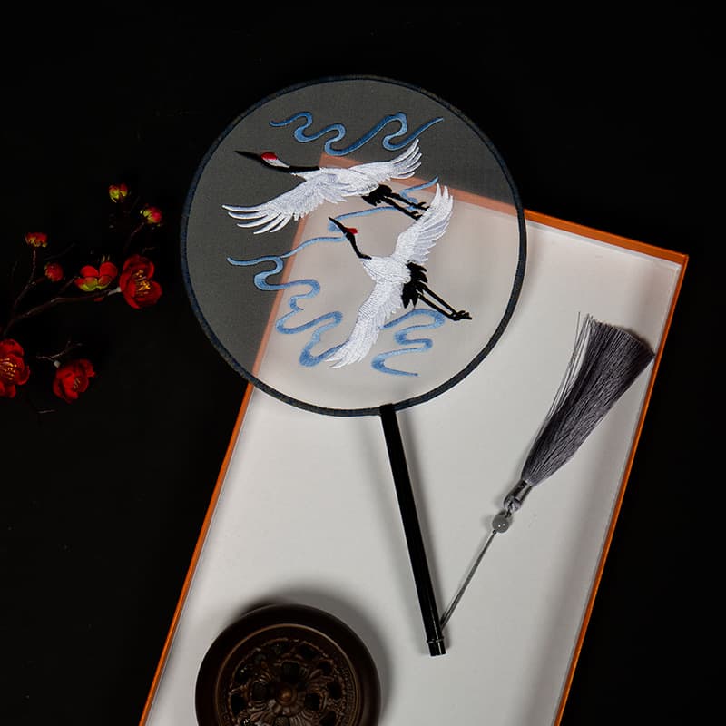 Versatile Ancient Style Embroidered Hand Fan for Hanfu Dance, Court Dress Show, Ice Silk Tassel Long Handle Round Fan