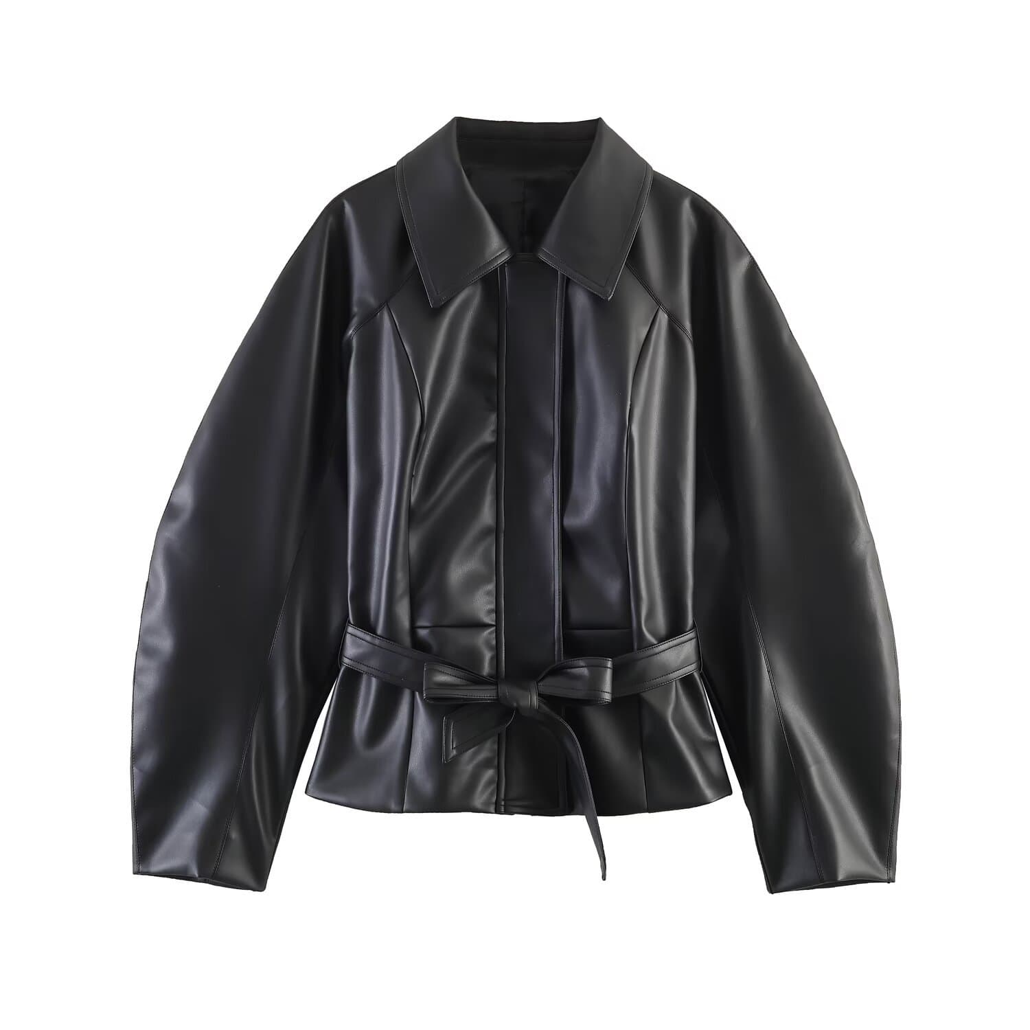 TAOP&ZA Women's 2026 Summer New Trendy Faux Leather Jacket with Belt 3046109
