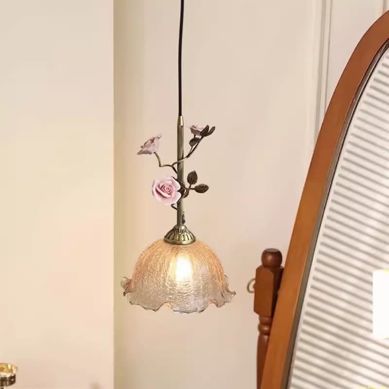 All-Copper French Ceiling Pendant Light, Romantic Rose Flower Pendant Lamp, Creative Personality Vintage Art Modern Restaurant Light