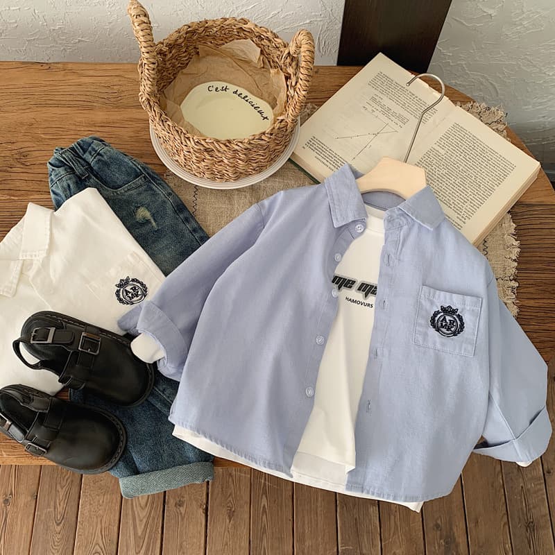Boys' Shirt 2025 Autumn New Style British Style Pure Cotton Long Sleeve Cardigan Handsome Casual Solid Color Embroidered Shirt Trendy