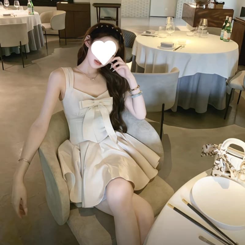 2025 New Sweet Design Bow Sleeveless Vest Camisole Dress Women Waist Slimming A-Line Short Skirt