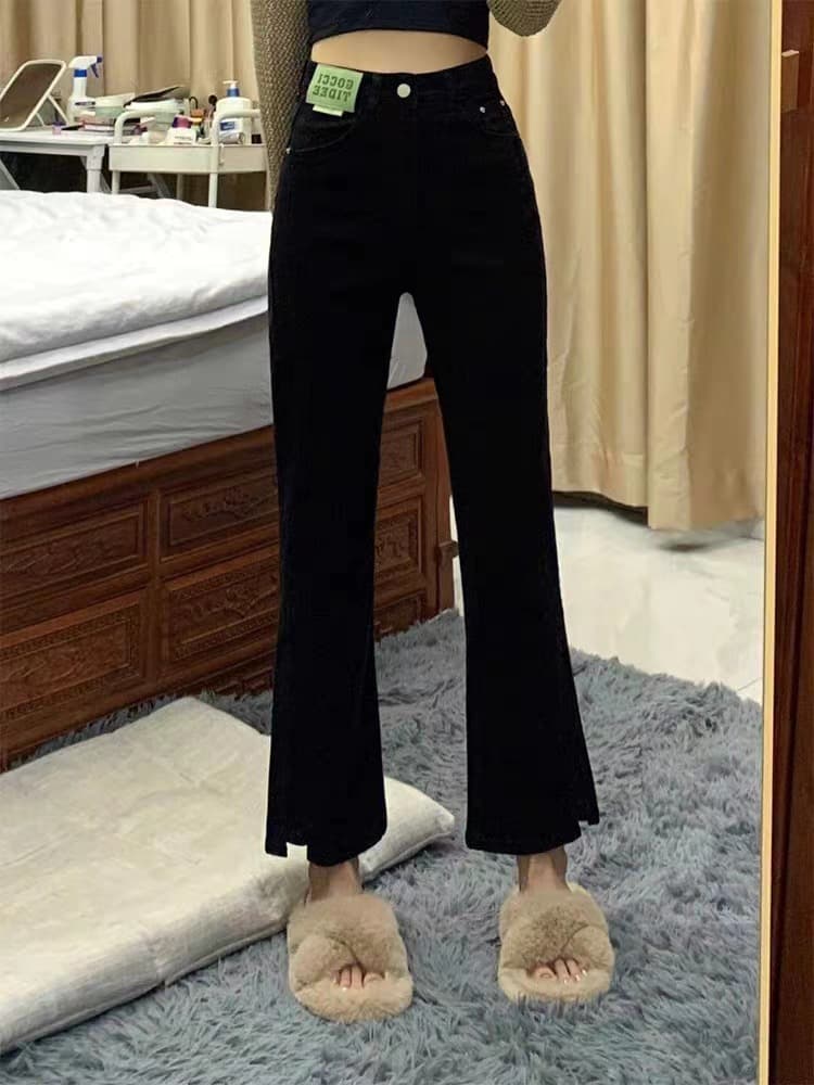 Fleece-Lined Flared Jeans Women Autumn/Winter New Style Pear-Shaped Body High-Waist Slimming Plus Size Bootcut Split Cigarette Pants