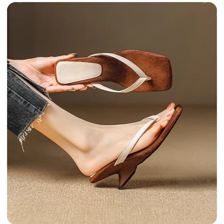 Women's Summer 2025 Flat Heel Sandals Color Block Flip Flops Korean Style Synthetic Outerwear Slip-On Shoes Rubber Sole