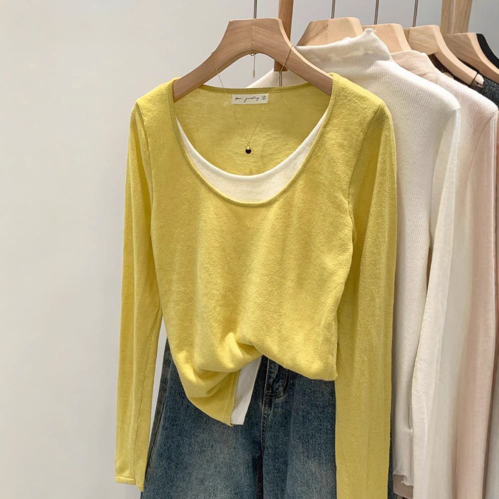 Color Block Plus Size Knit Base Top for Women, Spring and Fall Plus Size Women's Clothing, Faux Two-Piece Loose Relaxed Fit Top