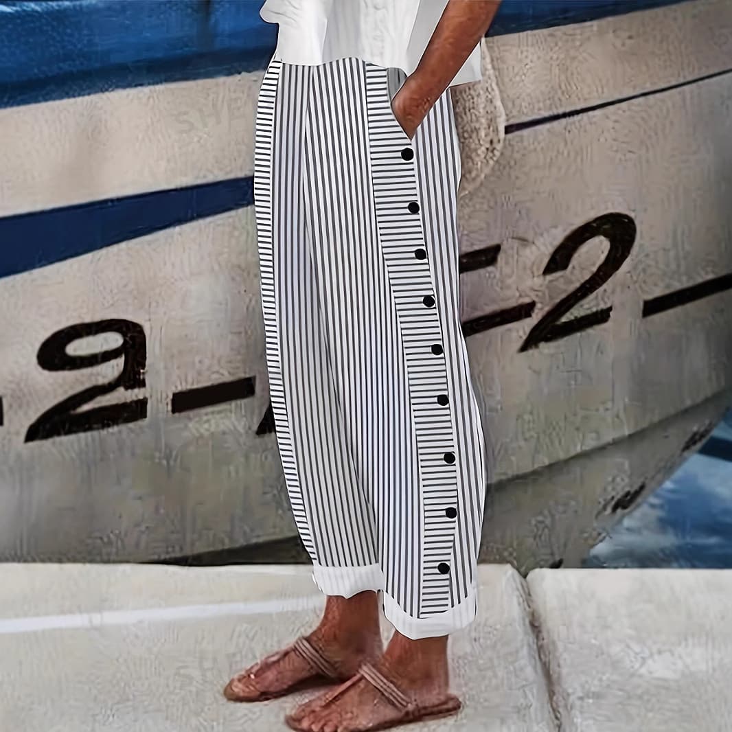 Casual Striped Long Straight Leg Pants Women's Fashion European And American Style Polyester Fabric Comfortable Straight Cut Trousers