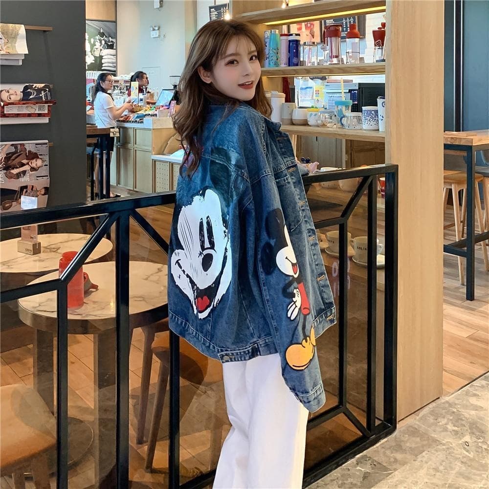 Mickey printed denim jacket for women loose Korean style age-reducing versatile oversize jacket top spring and autumn