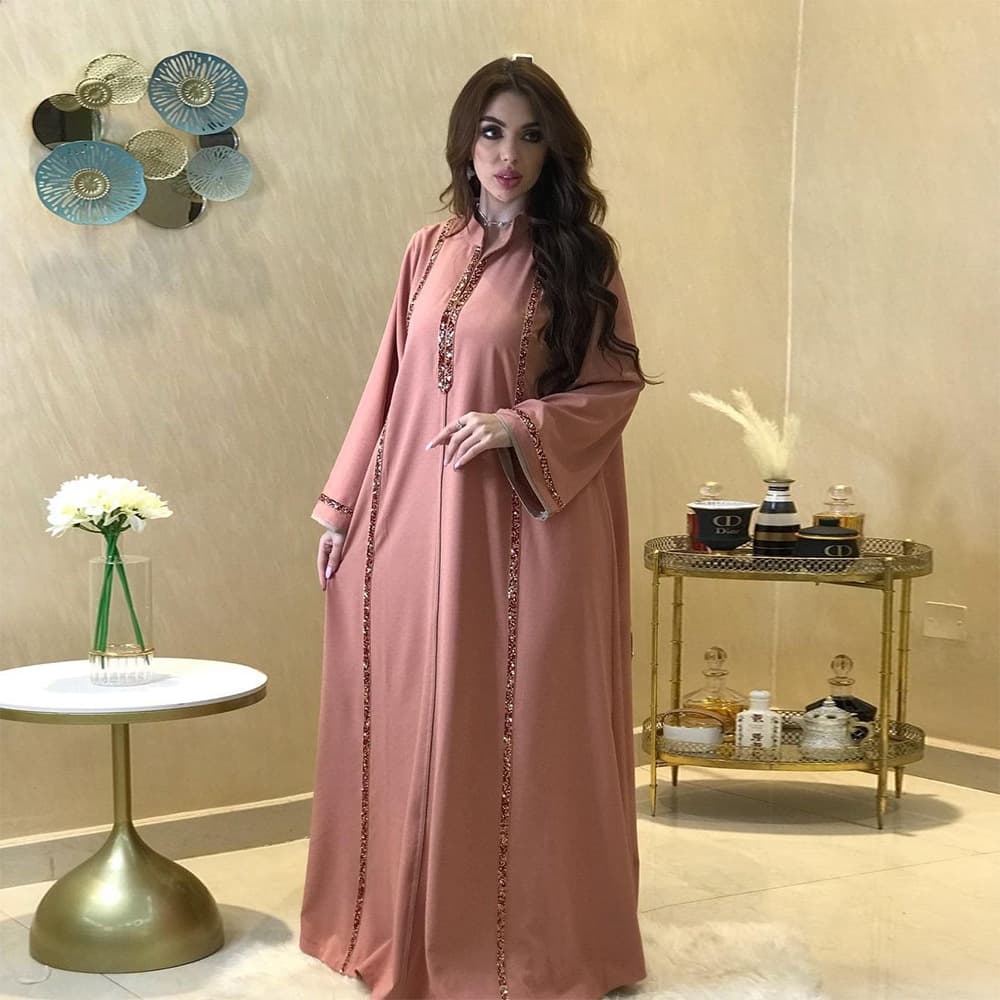 XQY500062 Jalabiya Export Rhinestone Woven Trim Loose Flared Dress Muslim Robe for Women
