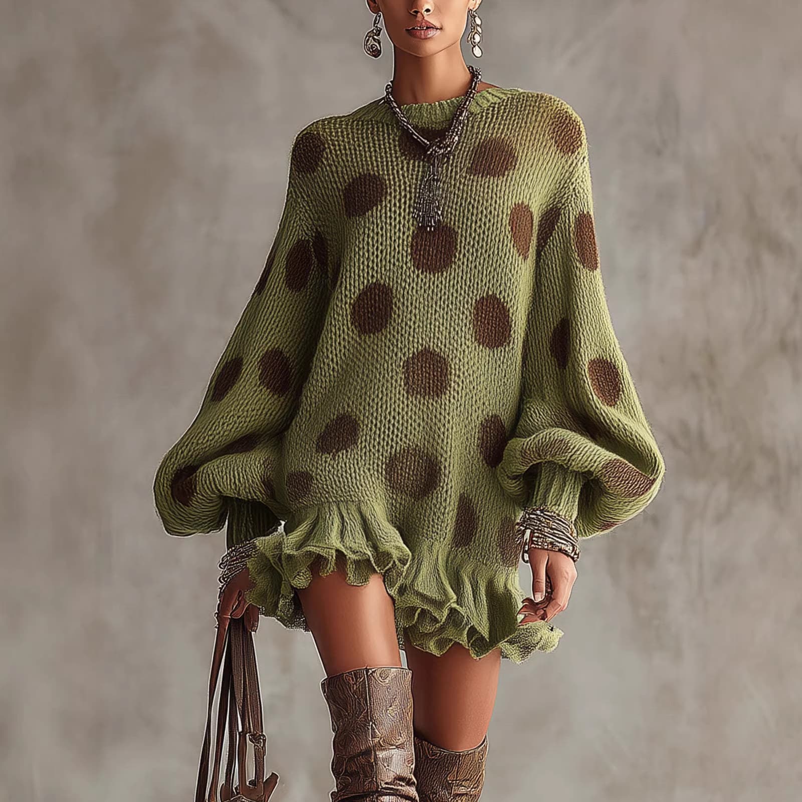 2025 New Winter Lazy Style Ruffle Pleated Green Polka Dot Dress for Cross-Border E-Commerce in Europe and America Amazon