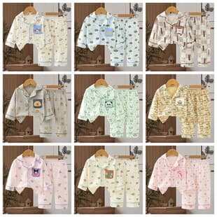 2026 Kids' Pajamas Autumn Button-Up Long Sleeve Top and Pants Boys Girls Homewear Set Factory Direct