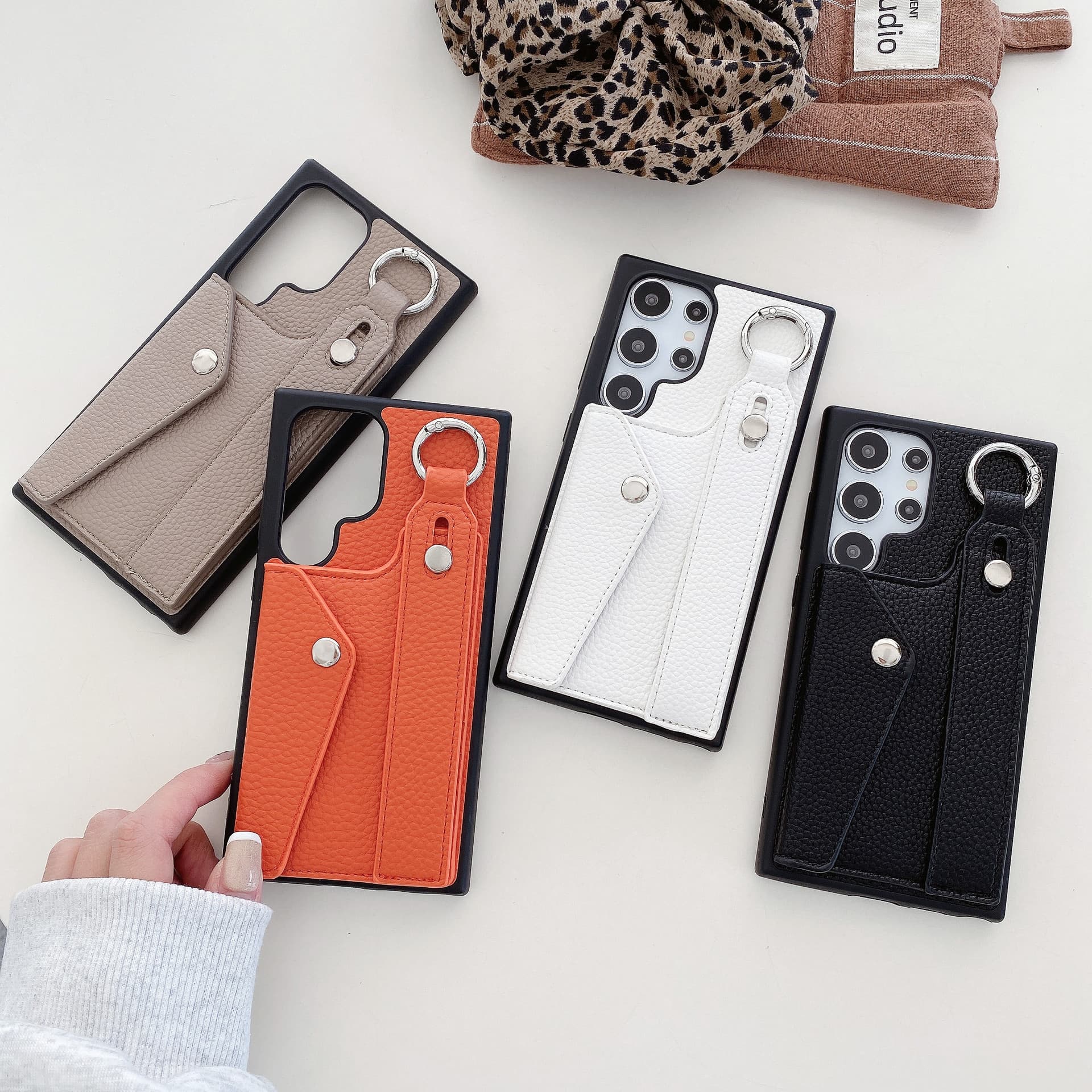 New Lychee Pattern Genuine Leather Feel Samsung Galaxy S23 Ultra Card Slot Wrist Strap Case for S25 Ultra, Export Model