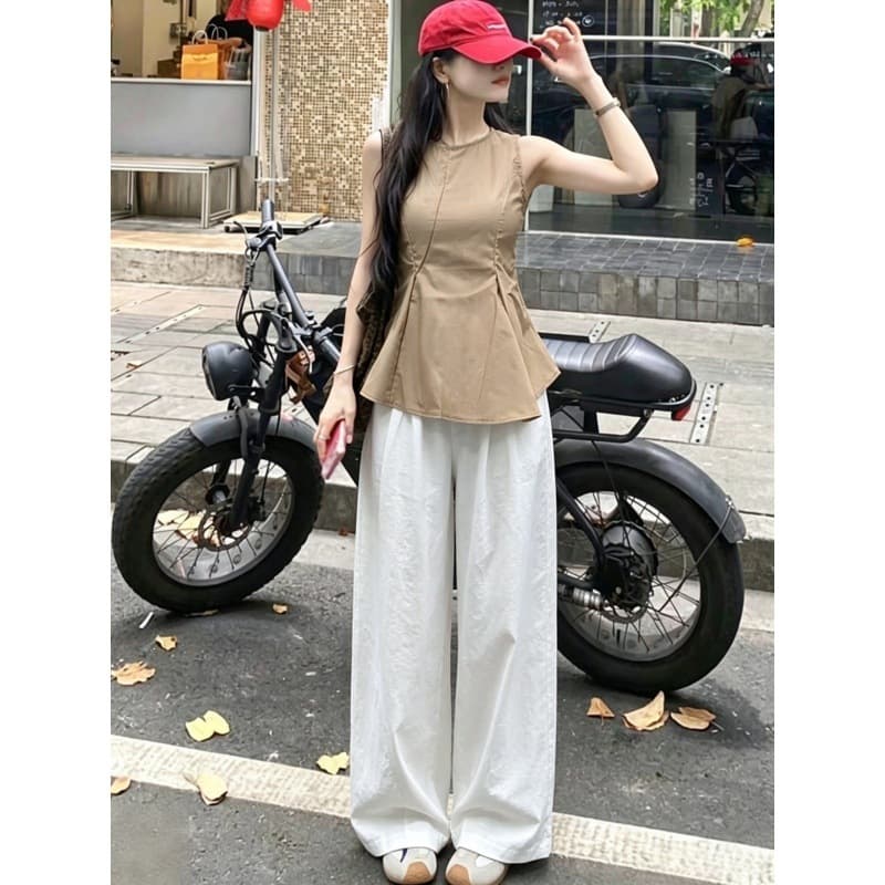 Stunning OOTD Outfit Set Korean Sleeveless Vest Top Women Summer Wide Leg Pants Casual Two Piece Set