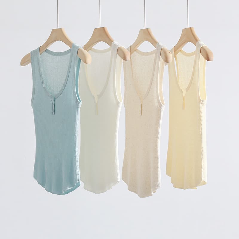 Summer Thin Linen Round Neck Waist Slim Knit Vest Curved Hem Solid Color Inner Top 92316